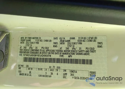 2014 Ford Escape Se from USA, damaged, VIN 1FMCU0G91EUD09378